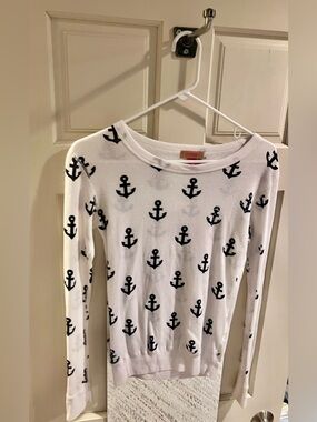 Primp White With Navy Anchor Print Long Sleeve Shirt